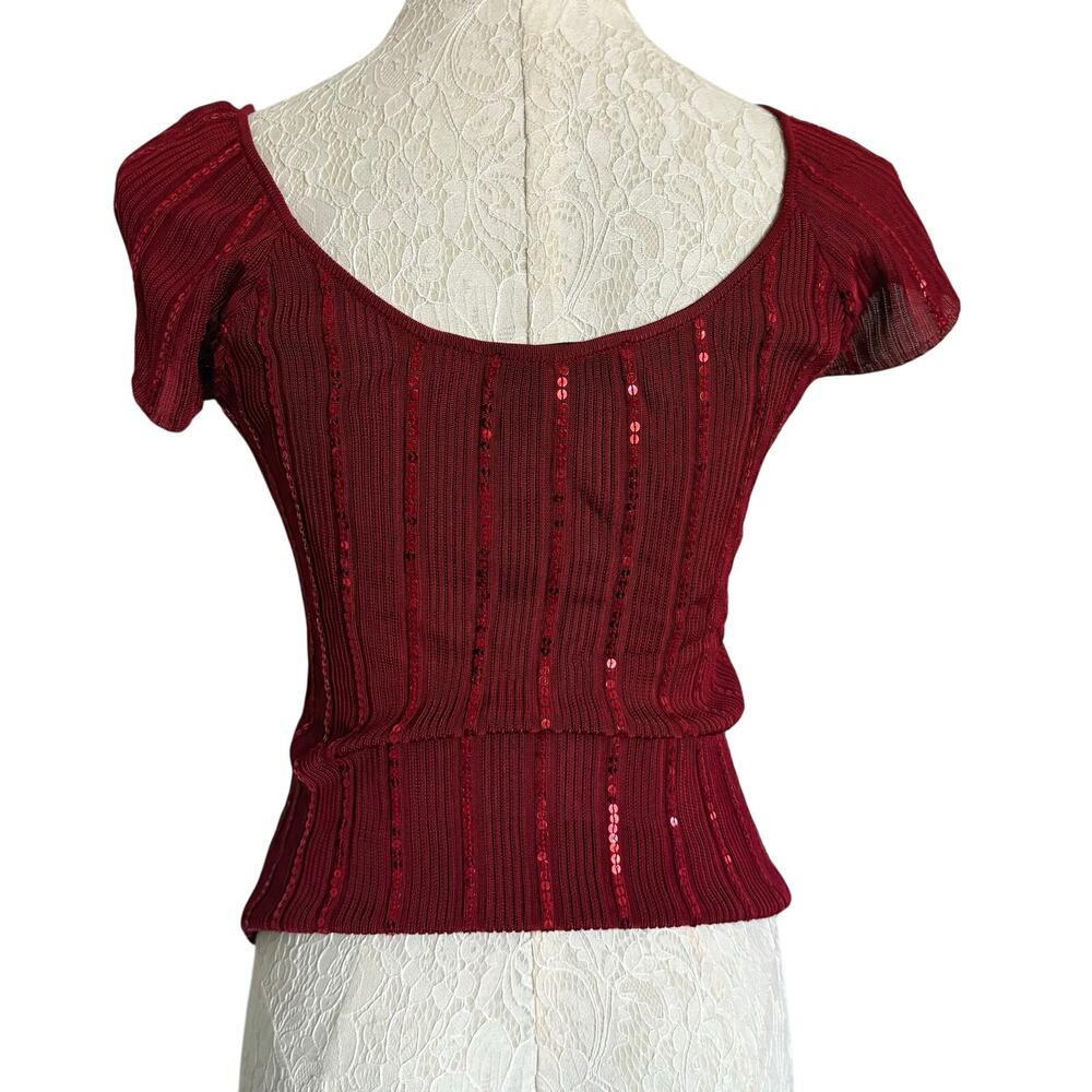 VTG Laundry Shelli Segal Burgundy Sequin Ribbed Knit Top M Y2K 90s ElevatedBasic - Picture 3 of 5
